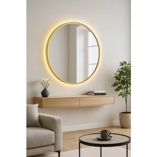 Lustro okrągłe w złotej ramie MDF SLIM z podświetleniem - OTYLIA LED - kolor ramy do wyboru